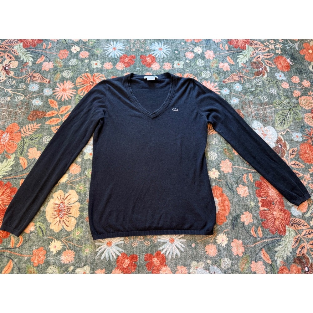 Lacoste Womens V-Neck Cotton Knit Sweater Black Logo AF4511 Size‎ 36